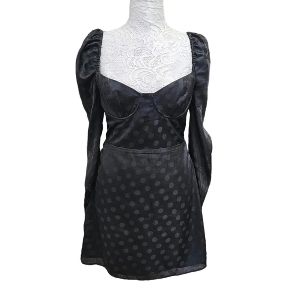 Lovers + Friends Katri Jacquard Puff Sleeve Cocktail Polka Dot Dress Black Med - Picture 2 of 12